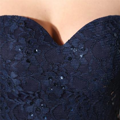 Navy Blue Lace And Beaded Embellished Sweetheart..
