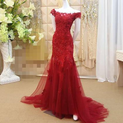 Charming Lace Mermaid Prom Dress,burgundy Prom..