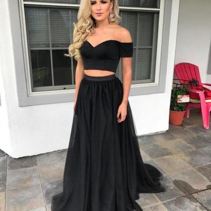 Two Piece Black A-line Prom Dress,off The Shoulder..