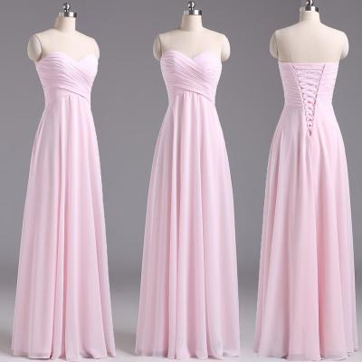 Pink Chiffon Ruched Sweetheart Floor Length A-Line Prom Dress Featuring Lace-Up Back, Formal Dress 