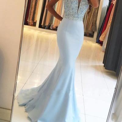Sky Blue Long Prom Dress, Beading Sweetheart Sleeveless Mermaid Prom Dress,Formal Evening Gowns,Party Dresses 2018