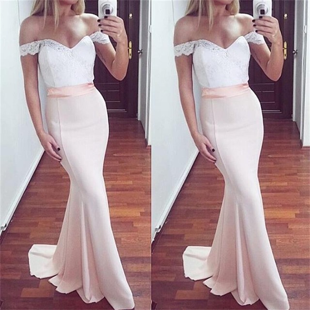 Lace Prom Dress, Off The Shoulder Satin Prom Dress, Formal Mermaid Evening Gowns,white Prom Dress