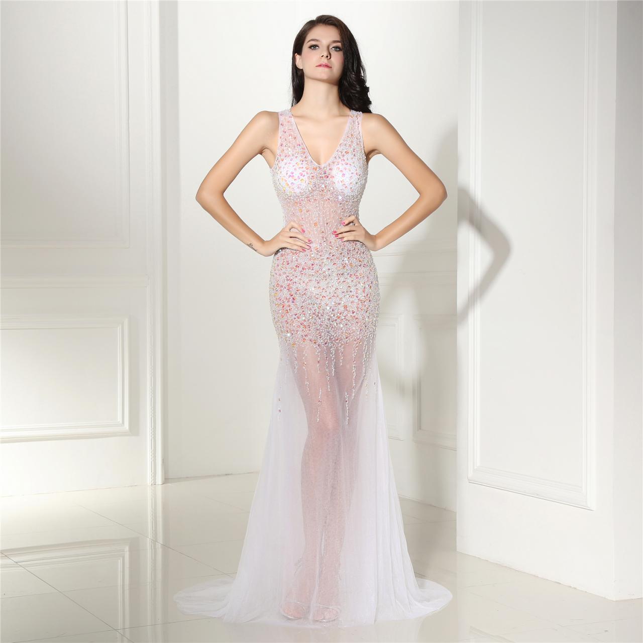 Sleeveless V Neck Sheer Beaded Mermaid Long Prom Dress Evening Dress On Luulla