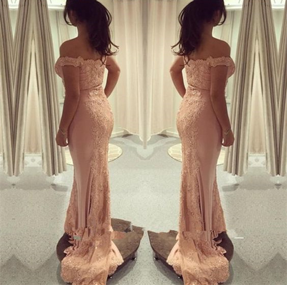 Long Mermaid Off the Shoulder Tulle Lace Formal Graduation Prom Dresses
