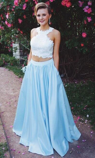 sky blue skirt and white top