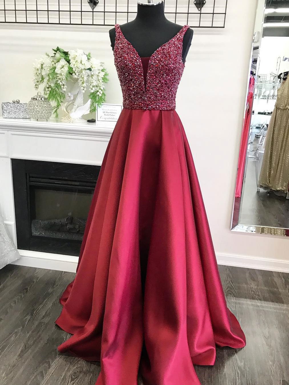 Dark Red Prom Dresses,beading Prom Dress,v Neck Prom Dress,evening