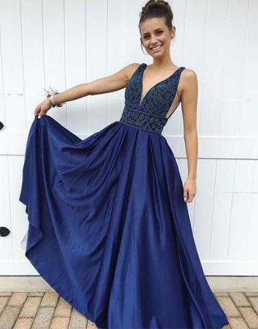 Royal Blue V-neck A-line Satin Long Prom Dress,evening Dresses 2018,formal Gowns,banquet Dress