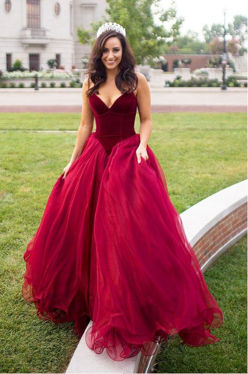 Burgundy Sweetheart A line Tulle Long Prom Dress evening Dresses