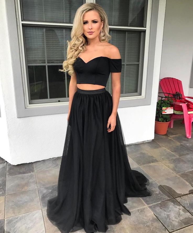 Two Piece Black A-line Prom Dress,off The Shoulder Evening Dresses 2018,formal Gowns,banquet Dress,party Gowns