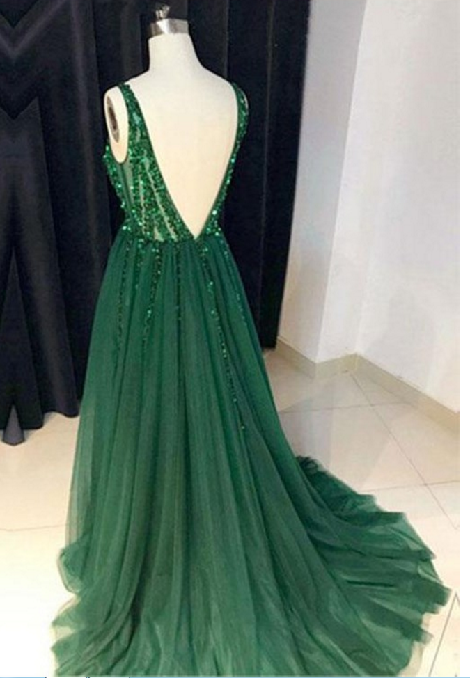 Hunter Green Prom Dresses,Deep V Neck Prom Dress,Floor Length Evening