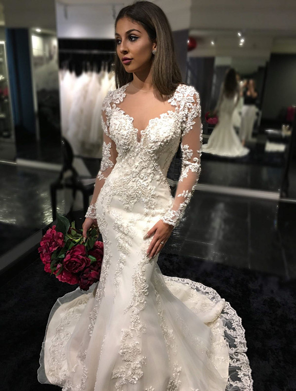 Vintage Long Sleeves Wedding Dresses,mermaid Wedding Dress 2019,sheer Bridal Gowns,custom Made Robe De Mariee