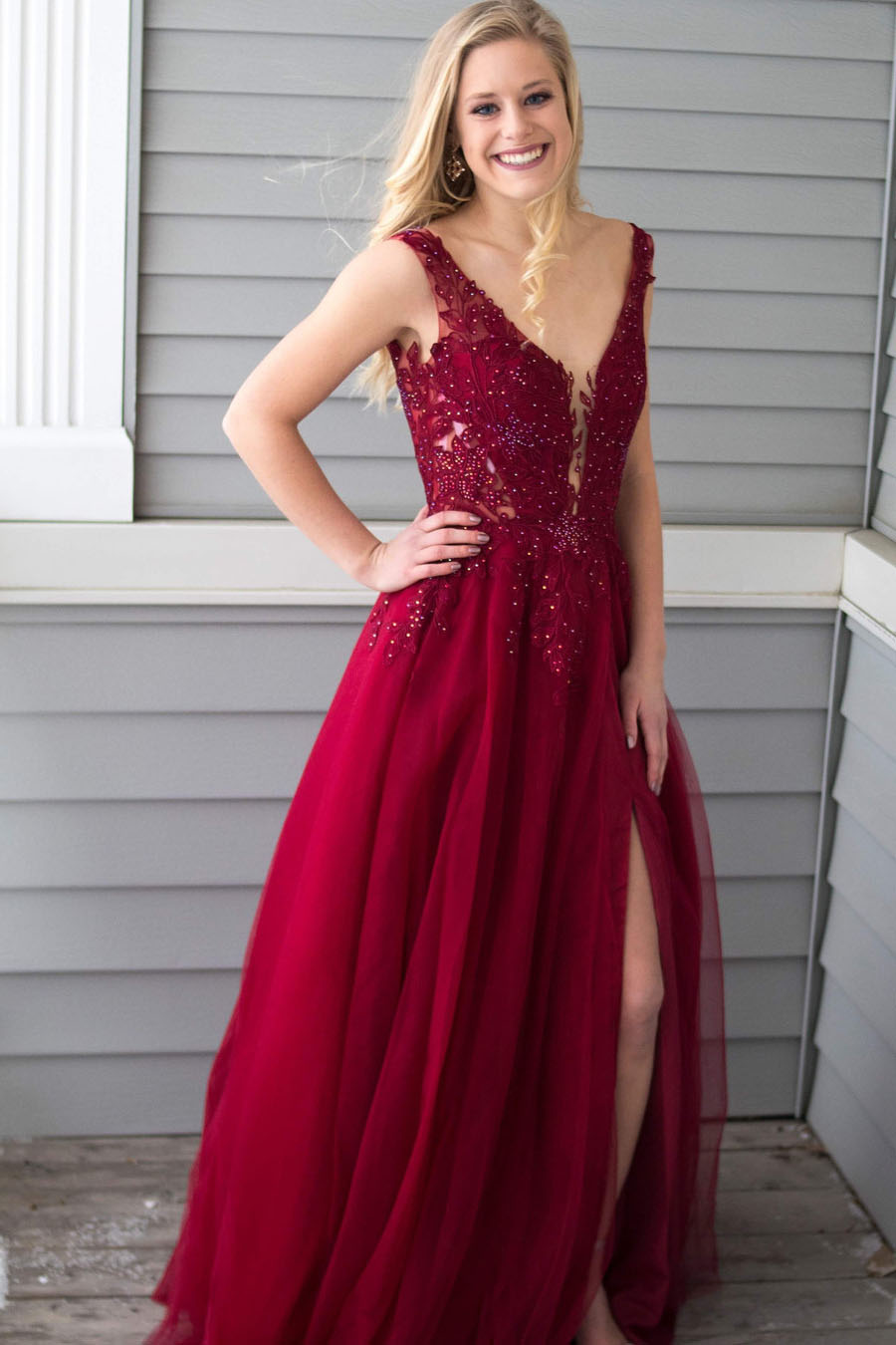 red v neck prom dress