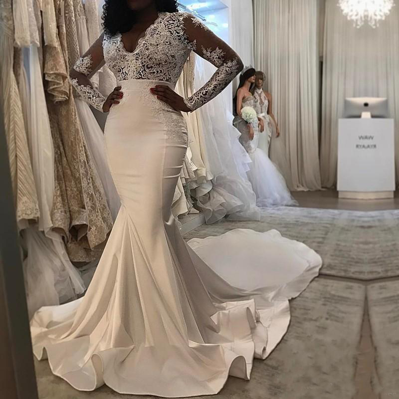 Elegant Long Sleeve Wedding Dress Mermaid 2019 Vestido De Noiva Sweep Train V Neck Bridal Gowns Handmade Gelinlik