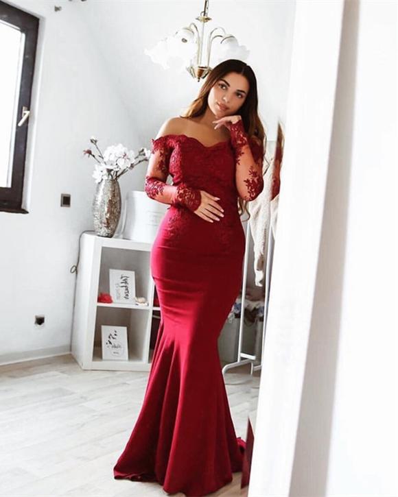 Burgundy Mermaid Prom Dresses,long Sleeve Prom Dress,evening Gowns,formal Dress,pageant Dress,party Dress