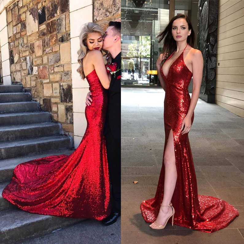 Red Sequins Prom Dresses Mermaid Prom Dress Evening Gowns Formal