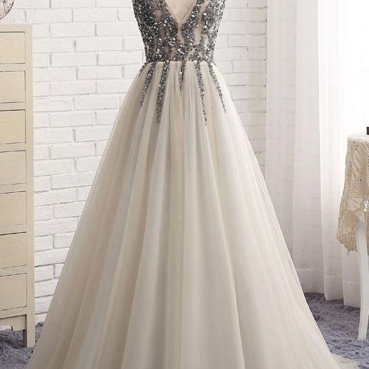 Beaded Embellished Plunge V Sleeveless Floor Length Tulle A-line Prom ...