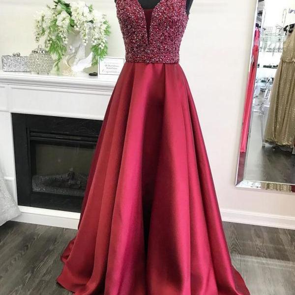 Dark Red Prom Dresses,beading Prom Dress,v Neck Prom Dress,evening ...