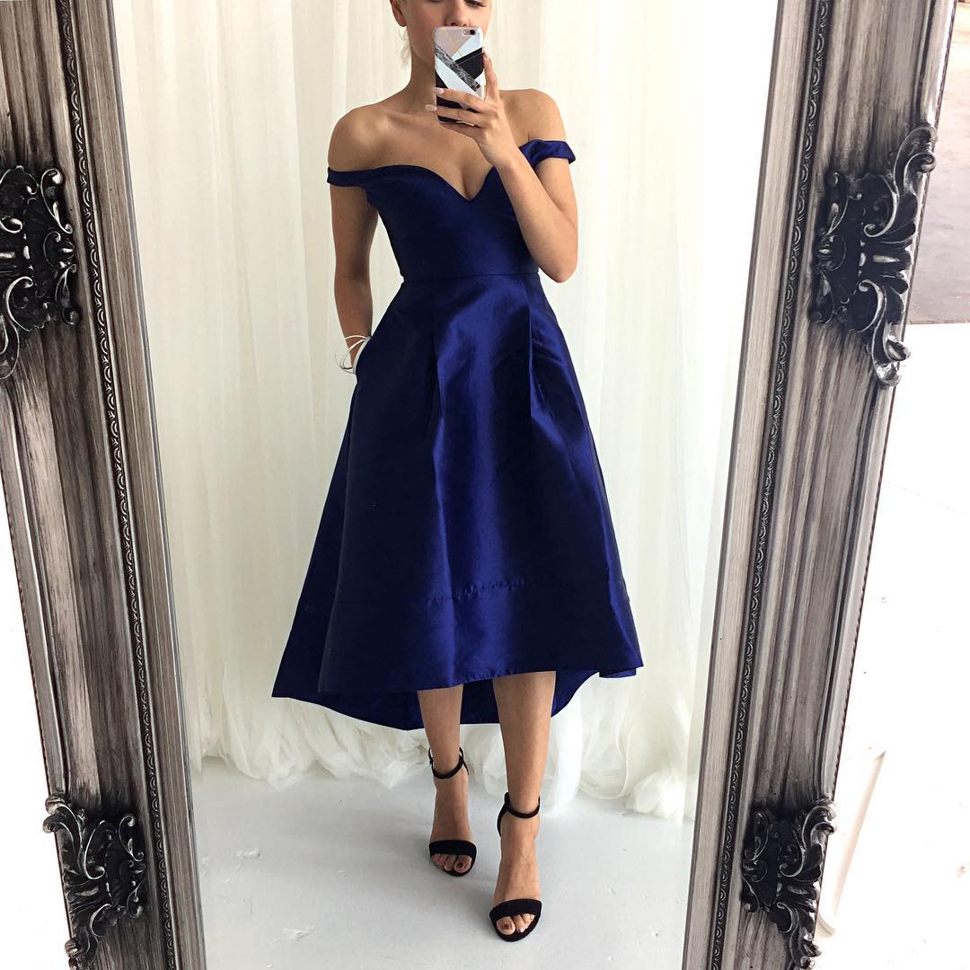 Off The Shoulder Satin Prom Dresses,royal Blue High-low Sweetheart A ...